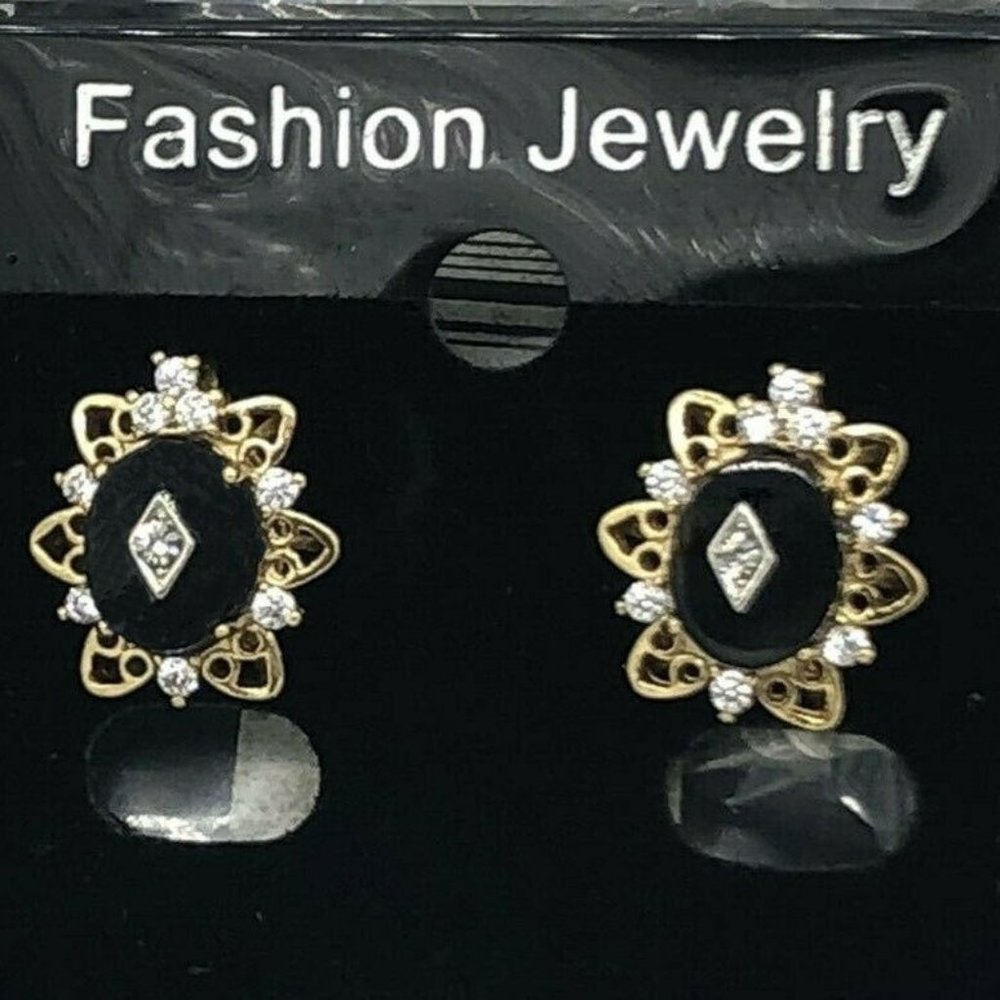 Earrings Vintage 1970s Black, Gold & Crystal Petite 5/8" Stud Pierced NWT NOS